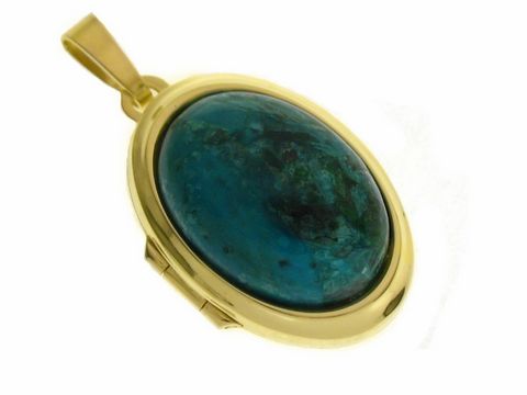 Chrysokoll Medaillon mit Cabochon in ovaler Form, umgeben von hochwertigem Gold 585, hergestellt von Juwelier Harnisch, elegant und ansprechend im Design.