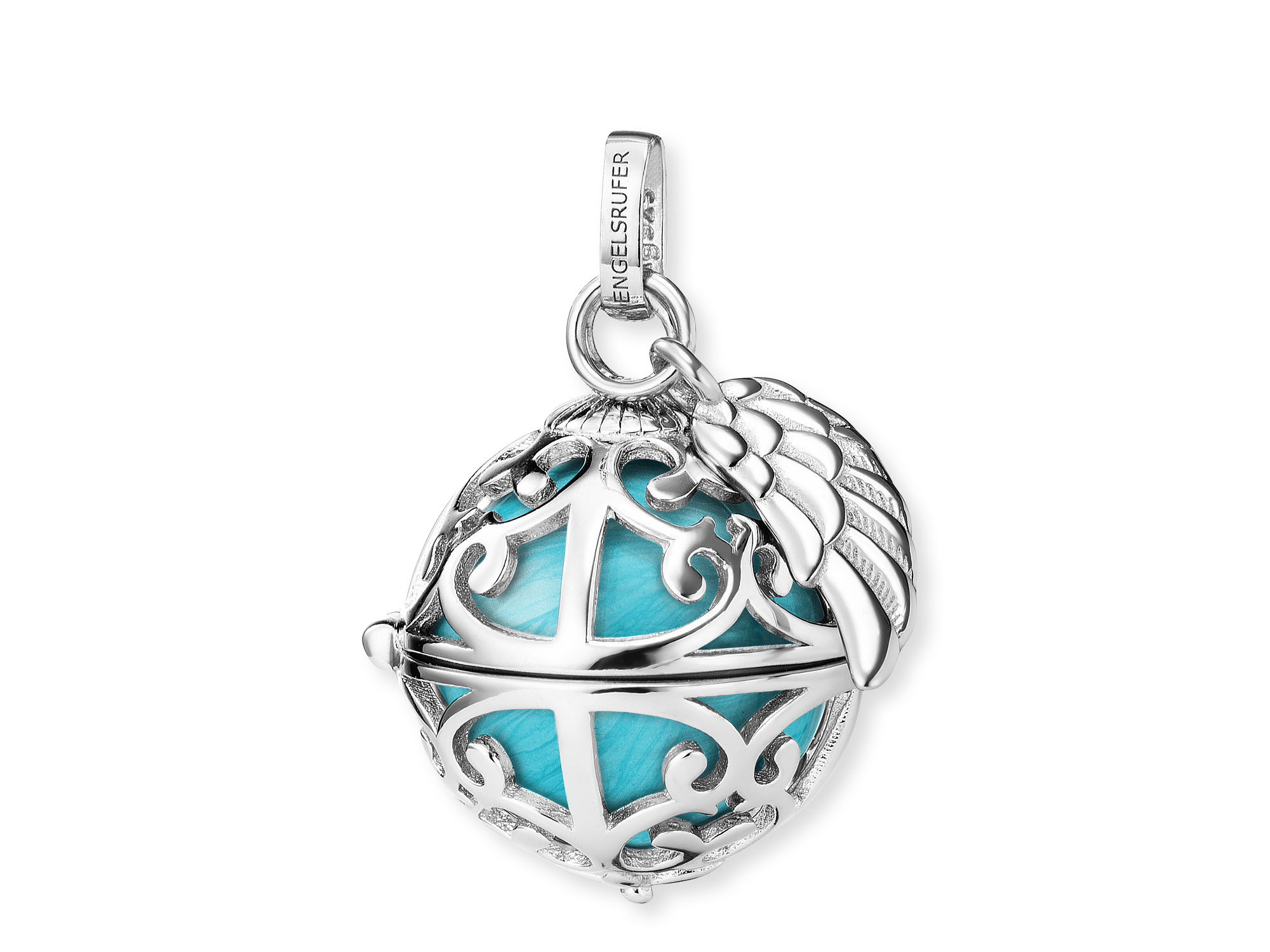 Engelsrufer ER-23-26-S Klangkugel Anhänger mit Flügel - Silber rhod. Perlmutt - Türkis Gr. S Silberner Klangkugel Anhänger mit Flügel, verziert mit filigranen Mustern und einer türkisfarbenen Perlmuttkugel. Ideal für besonderen Schmuck mit harmonischem Klang.