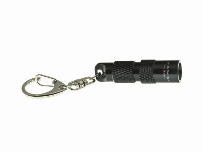 Mondaine Mini-Taschenlampe schwarz mit Karabiner, kompaktes Design mit 9x1 cm, ideal für unterwegs und praktisches Accessoire für Schlüssel oder Taschen.