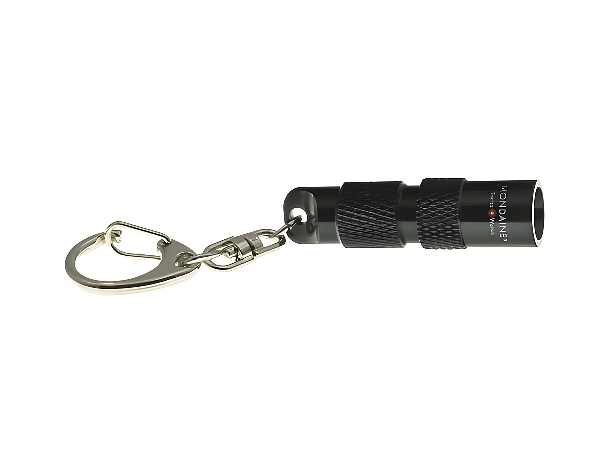 Mondaine Mini-Taschenlampe schwarz mit Karabiner, kompaktes Design mit 9x1 cm, ideal für unterwegs und praktisches Accessoire für Schlüssel oder Taschen.