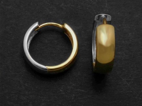 Zwei Bicolor Scharniercreolen aus Gelbgold und Weißgold sind abgebildet, mit einer Größe von 1,4 cm x 4,2 x 2 mm, hergestellt von Juwelier Harnisch, bis 15 mm.