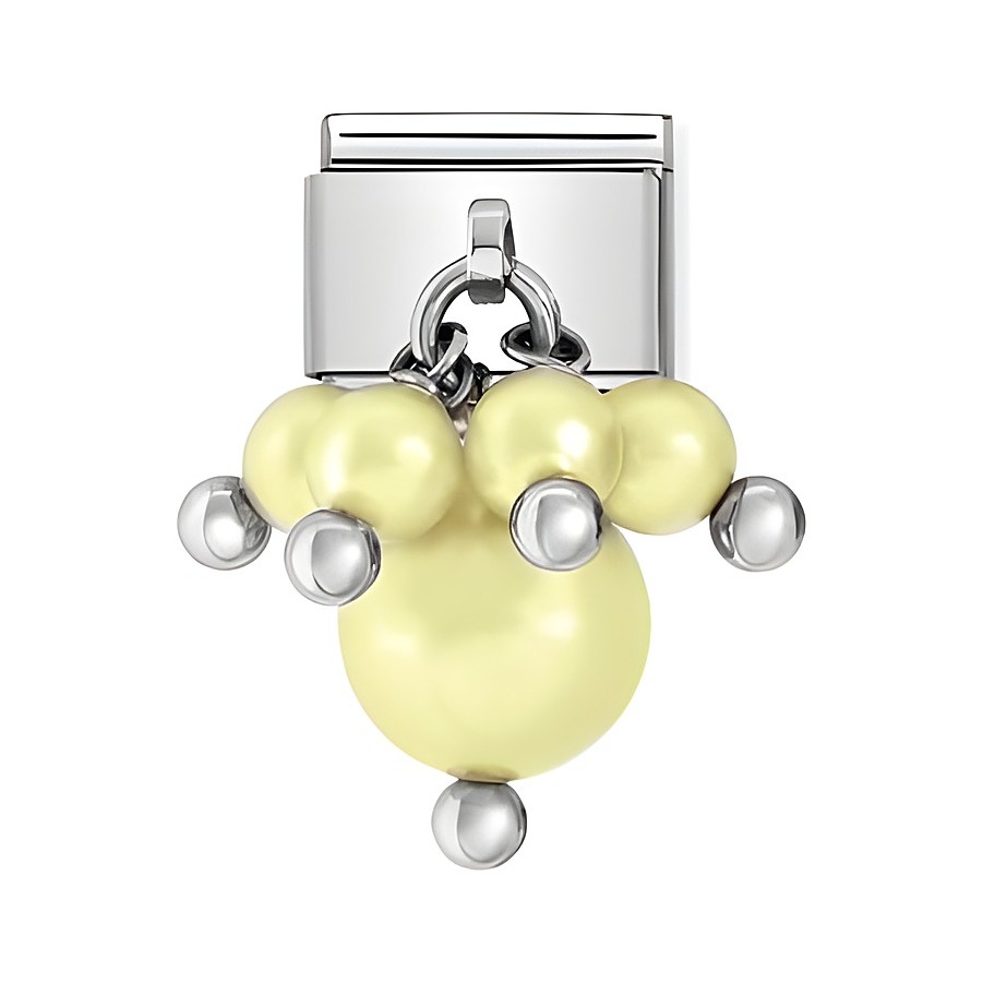 Charm von Nomination Classic in pastellgelb mit glänzenden Perlen und silbernen Akzenten, ideal zum Veredeln von Armbändern und stilvollen Accessoires.