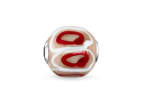 Glas-Bead von Thomas Sabo in Rot, Beige und Weiß, mit eleganten Mustern und zwei metallischen Enden, ideal für individuelle Schmuckkreationen.