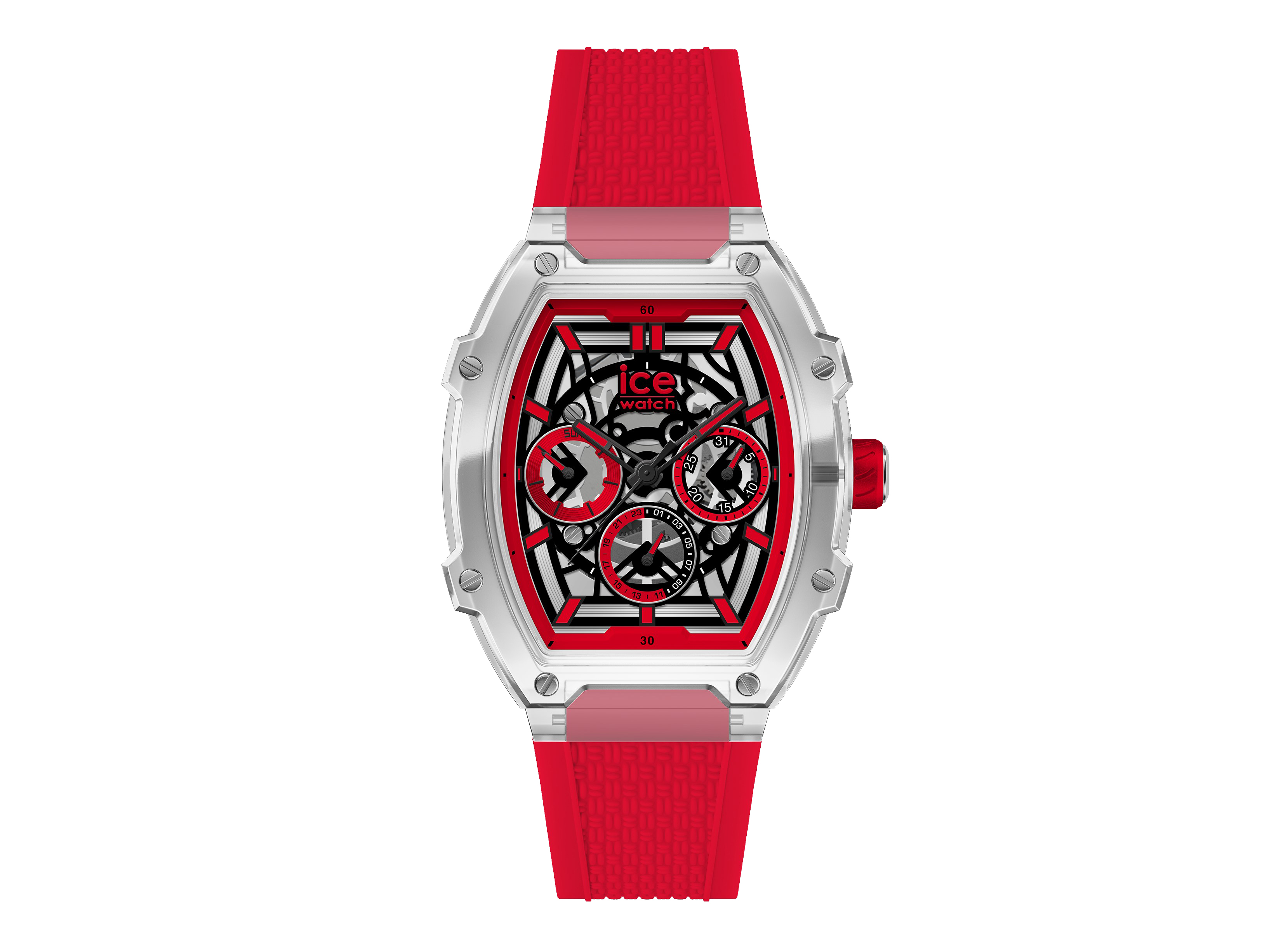 Die Ice Watch 024288 ICE boliday clear in Rot zeigt ein modernes Design mit einem transparenten Gehäuse und einem roten Silikonarmband, das auffällige Ziffernblätter und Zeiger kombiniert.