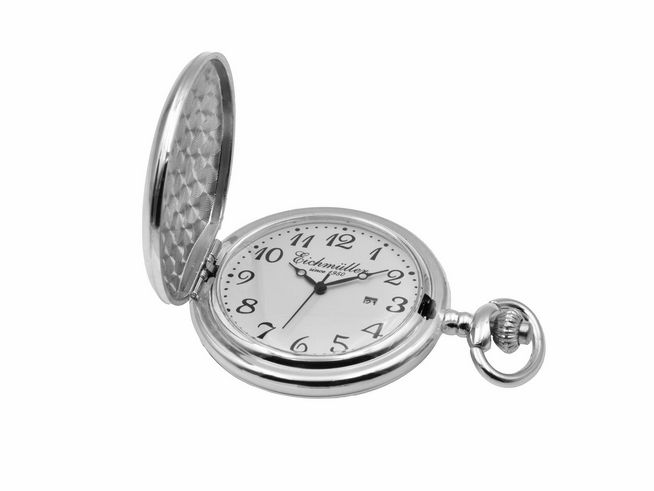 Eichmüller Taschenuhr in Edelstahl mit poliertem Deckel und Mineralglas, Durchmesser 6,5 cm, klassisches Zifferblatt mit arabischen Ziffern und elegantem Design.