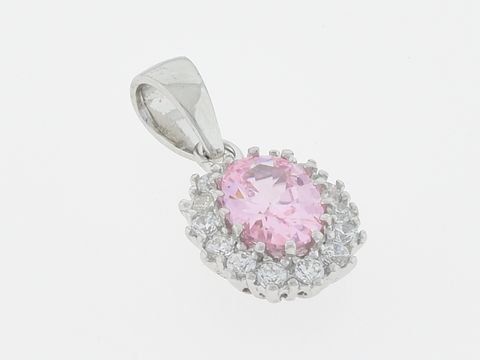 Silber Anhänger oval aus glänzendem Silber mit glitzerndem pinken Zirkonia, umgeben von Zirkonia-Steinen, Hersteller: Juwelier Harnisch.