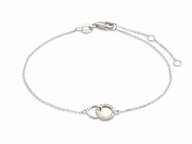 Xenox Weißgold Armband XG4409 aus 375 Weißgold mit Karreekette, elegante Verbindung aus zwei Ringen, Länge von 15 bis 18 cm, ideal für modebewusste Trägerinnen.