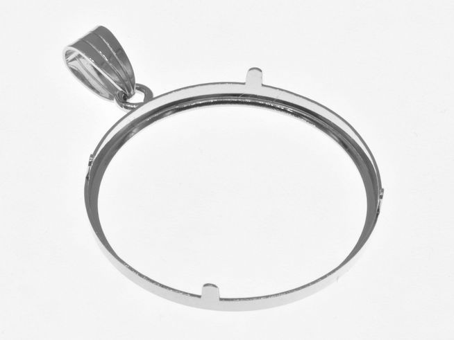 Münzfassung Anhänger aus 925 Sterling Silber, rhodiniert, schlichtes Design für Münzen bis 31 mm Durchmesser, passend für bis zu 3,5 cm große Münzen, hergestellt von Juwelier Harnisch.