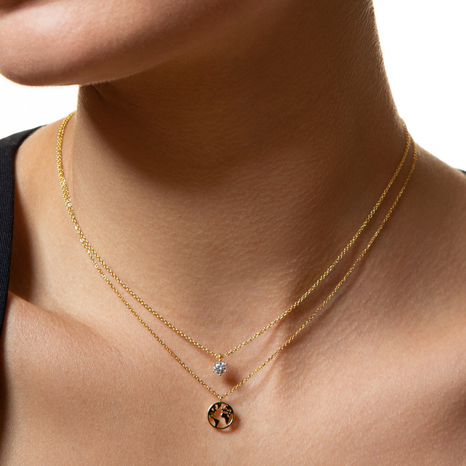 XENOX Sterling Silber Kette XS3160G - 40-45 cm - WANDERLUST - Gelbgold vergoldet Ankerkette - Weltkugel – Ansicht 2
