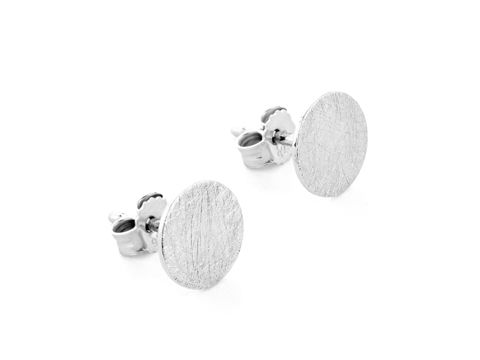 Rund Ohrstecker klassisch in Silber, eismattiert und rhodiniert, ohne Stein, Hersteller Juwelier Harnisch, schlichtes und elegantes Design.