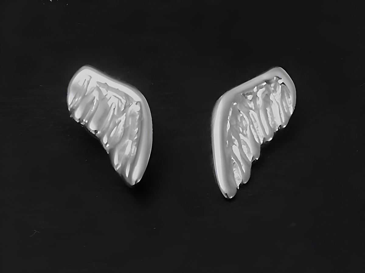 Silber Ohrringe in Form von Flügeln als Ohrstecker, rhodiniert, Hersteller Juwelier Harnisch, ohne Stein, schlichtes und elegantes Design.