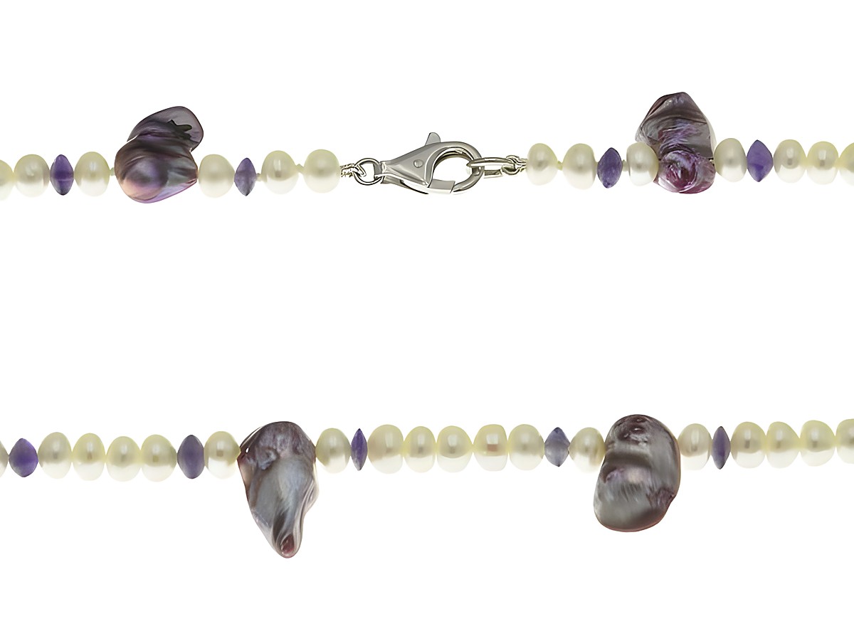 Perlenkette 48 cm in Weiß und Violett, gefertigt aus Süßwasser Zuchtperlen, Perlmutt und Amethyst, mit einem praktischen Verschluss, ideal für elegante Anlässe.
