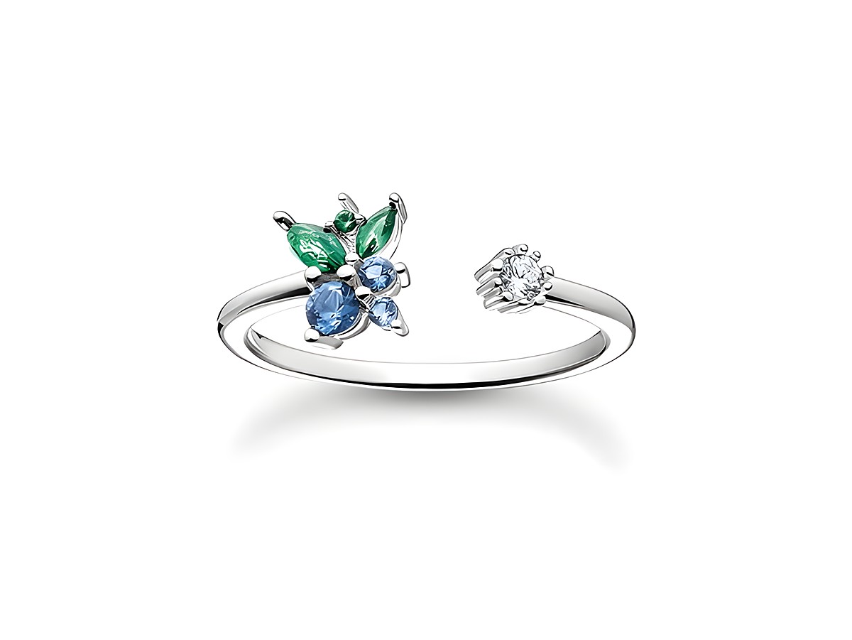Thomas Sabo Ring TR2351-166-7-58 aus Sterling Silber mit bunten Glas-Keramik Steinen in Grün und Blau sowie Zirkonia Steinen in Größe 58. Elegantes und modernes Design für jeden Anlass.