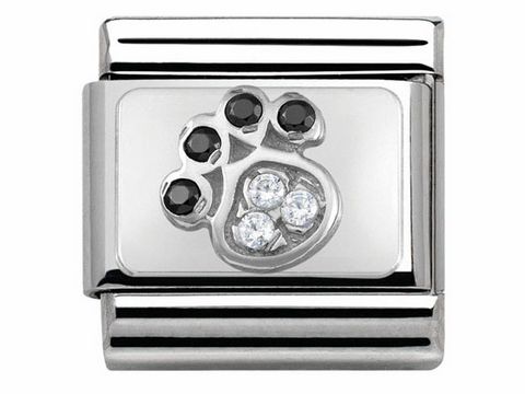 433030414-0 Edelstahl Motiv mit einem Hundepfotenabdruck, verziert mit Zirkonia Steinen in der Mitte und schwarzen Akzenten. Hochwertiger Schmuck von Nomination, Silvershine Kollektion.
