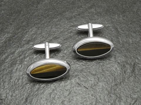 Manschettenknöpfe SILBER mit echtem ONYX und TIGERAUGE, Hersteller Juwelier Harnisch, ausgefallenes Design mit zwei verschiedenen Edelsteinen, ideal für elegante Anlässe.