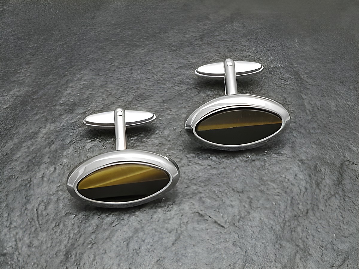 Manschettenknöpfe SILBER mit echtem ONYX und TIGERAUGE, Hersteller Juwelier Harnisch, ausgefallenes Design mit zwei verschiedenen Edelsteinen, ideal für elegante Anlässe.