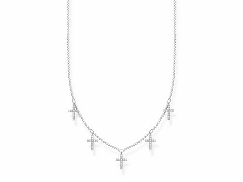 Silberne Kette aus der Thomas Sabo Charming Collection mit fünf funkelnden Zirkonia-Kreuzen, verstellbar von 40 bis 45 cm. Elegantes Schmuckstück für einen stilvollen Auftritt.