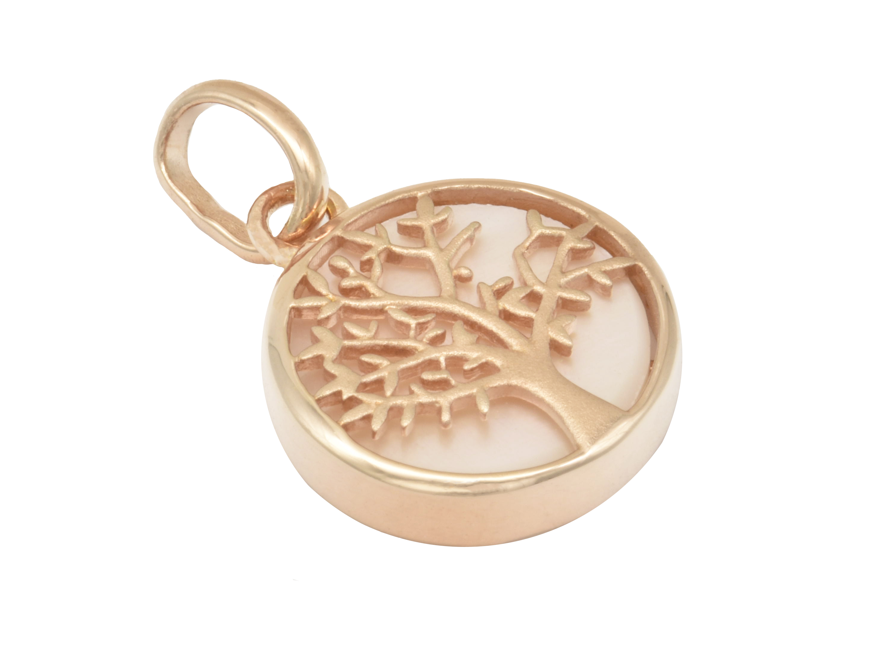 Lebensbaum Anhänger aus Sterling Silber mit Roségold Vergoldung, poliert, zeigt ein zartes Design mit Perlmutt in Weiß-Rosa, hergestellt von Juwelier Harnisch.