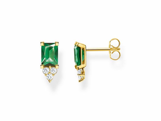 Ohrstecker aus Sterling Silber, vergoldet in Gelbgold, mit grünem Glas-Keramik Stein und Zirkonia, glänzend und elegant, ideal für festliche Anlässe.