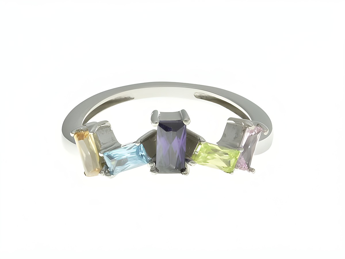 Steinmix Ring aus rhodiniertem Sterling Silber mit Zirkonia in verschiedenen Farben, Größe 54, hergestellt von Juwelier Harnisch. Elegantes Design und funkelnde Steine.