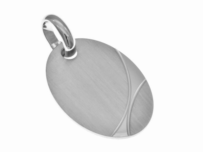 Oval schlichtes Anhänger aus Silber, teilmattiert und rhodiniert, mit geschwungener Linie. Hersteller ist Juwelier Harnisch. Ideal für gravierte persönliche Botschaften.