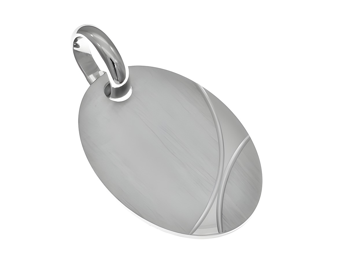 Oval schlichtes Anhänger aus Silber, teilmattiert und rhodiniert, mit geschwungener Linie. Hersteller ist Juwelier Harnisch. Ideal für gravierte persönliche Botschaften.
