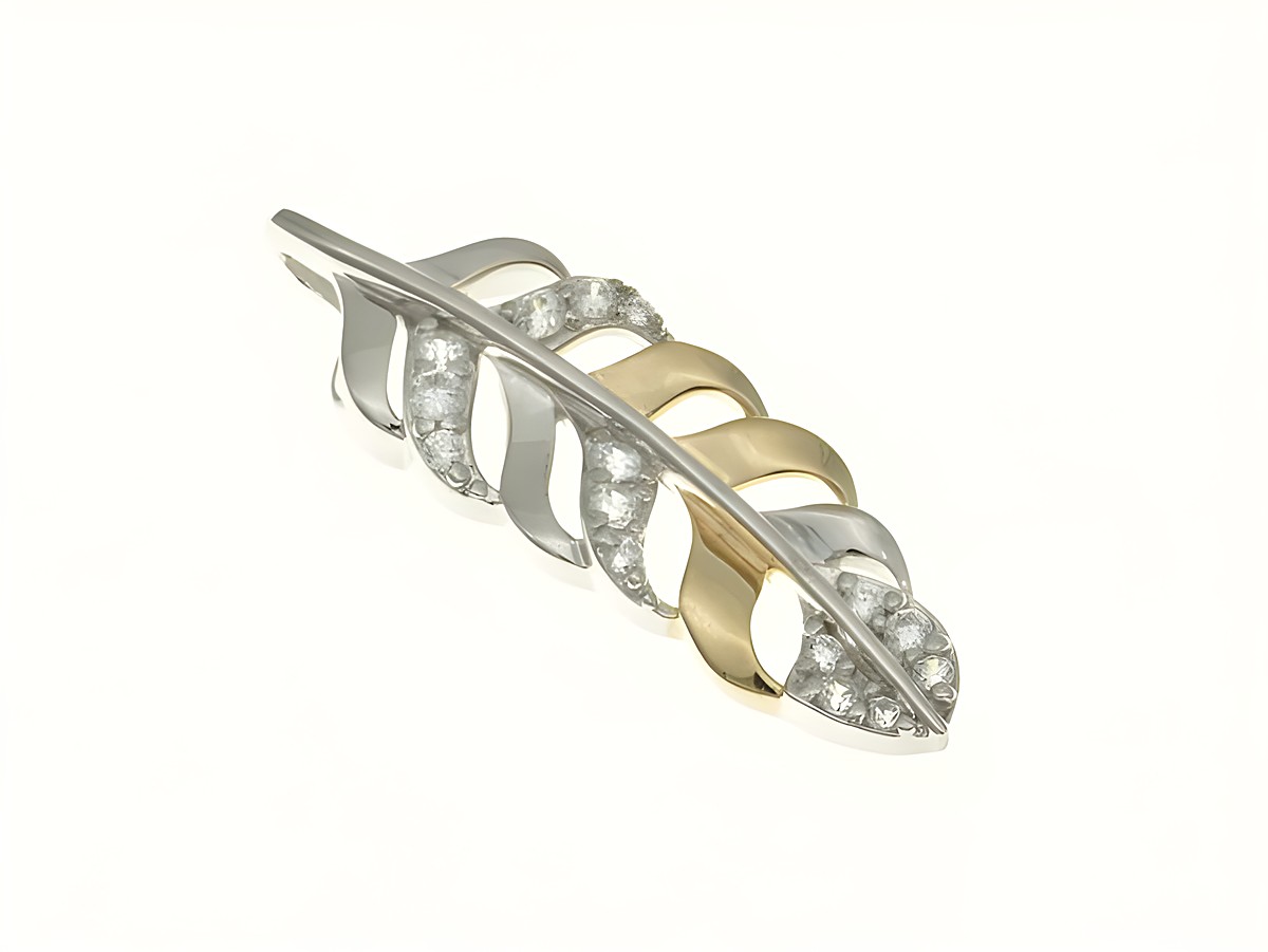 Feder Anhänger aus rhodiniertem Sterling Silber und Bicolor vergoldet mit Zirkonia, hergestellt von Juwelier Harnisch, elegantes Design in Form einer Feder mit funkelnden Steinen.
