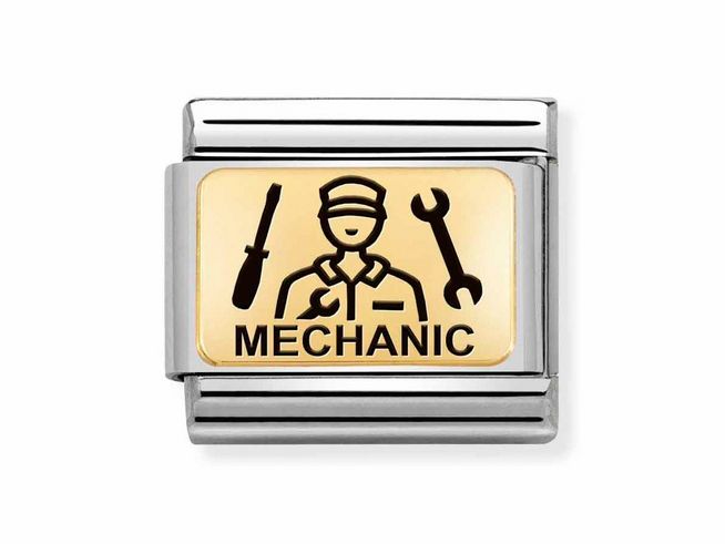 Edelstahl und Gold 585 Charm von Nomination mit emailliertem Motiv eines Mechanikers, inklusive Werkzeugen und dem Schriftzug Mechanic. Ideal für Armbänder.