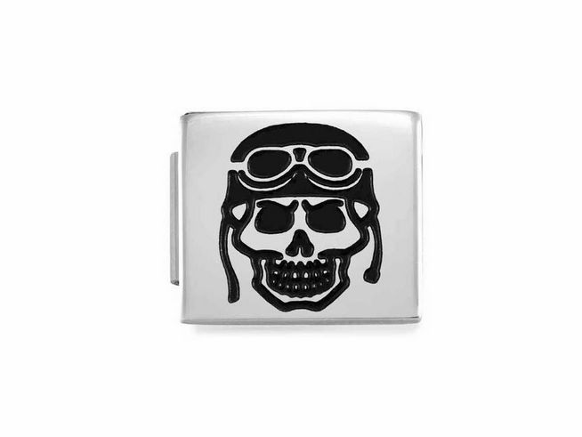 Edelstahl Charms von Nomination mit einem Biker-Schädel-Motiv, traditionell gestaltet mit Sonnenbrille und angesagtem Design für einen coolen Look.