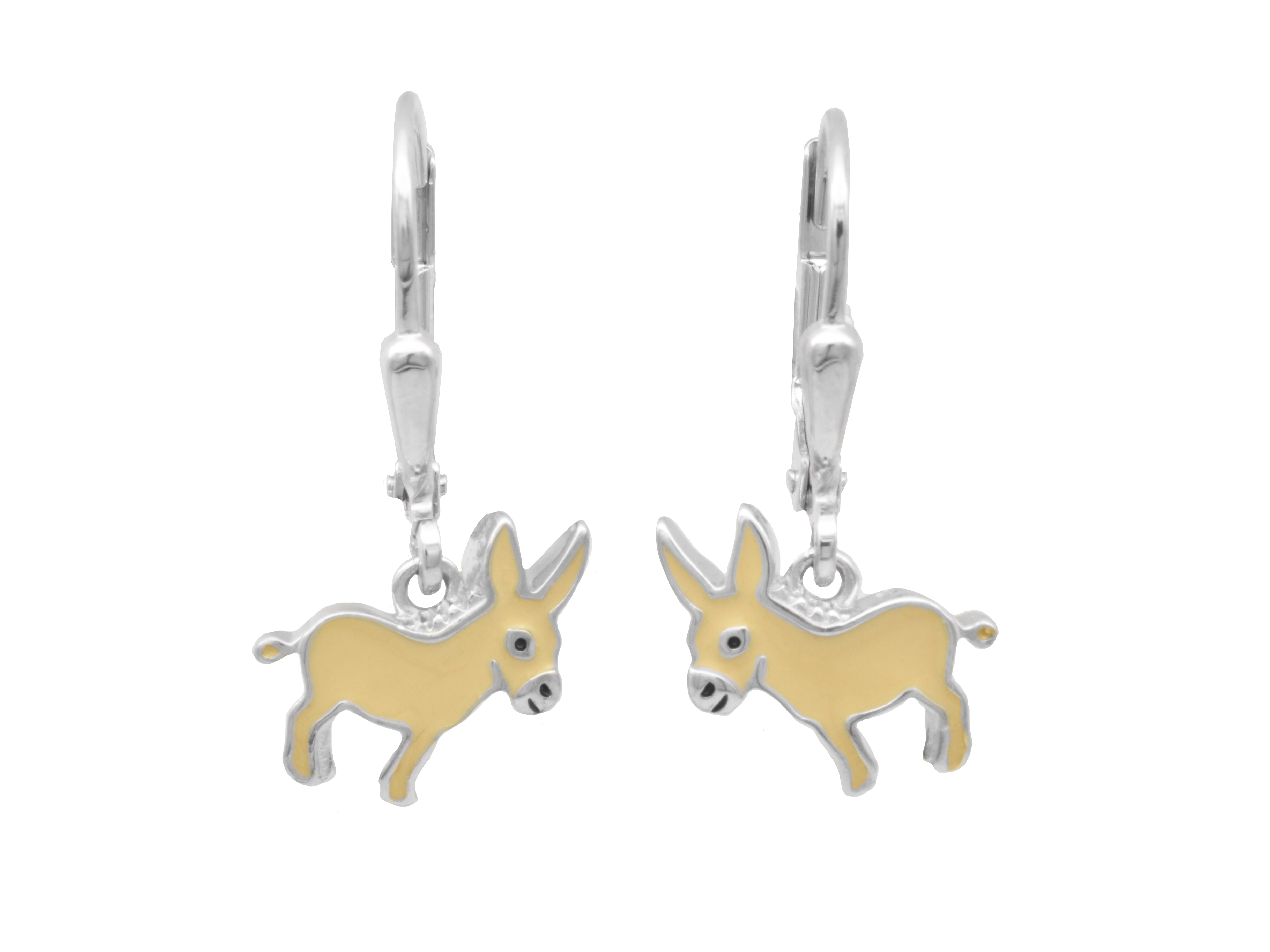 Ohrhänger Ohrringe in Form von Eselchen aus rhodiniertem Sterling Silber, poliert mit braunem Lack, geeignet für Kinder, hergestellt von Juwelier Harnisch.