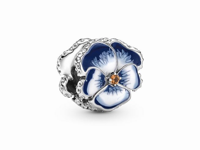 Pandora Blau Stiefmütterchen Blume Charm aus Silber mit Emaille in Multicolor und einem Farbstein in der Mitte, gestaltet mit feinen Details und eleganter Form.