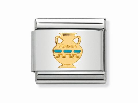 Ägyptische Vase als Ländersymbol aus Emaille auf einem silbernen Hintergrund, hergestellt von Nomination, mit dekorativen Elementen in Gold und Blau, klassisches Design.