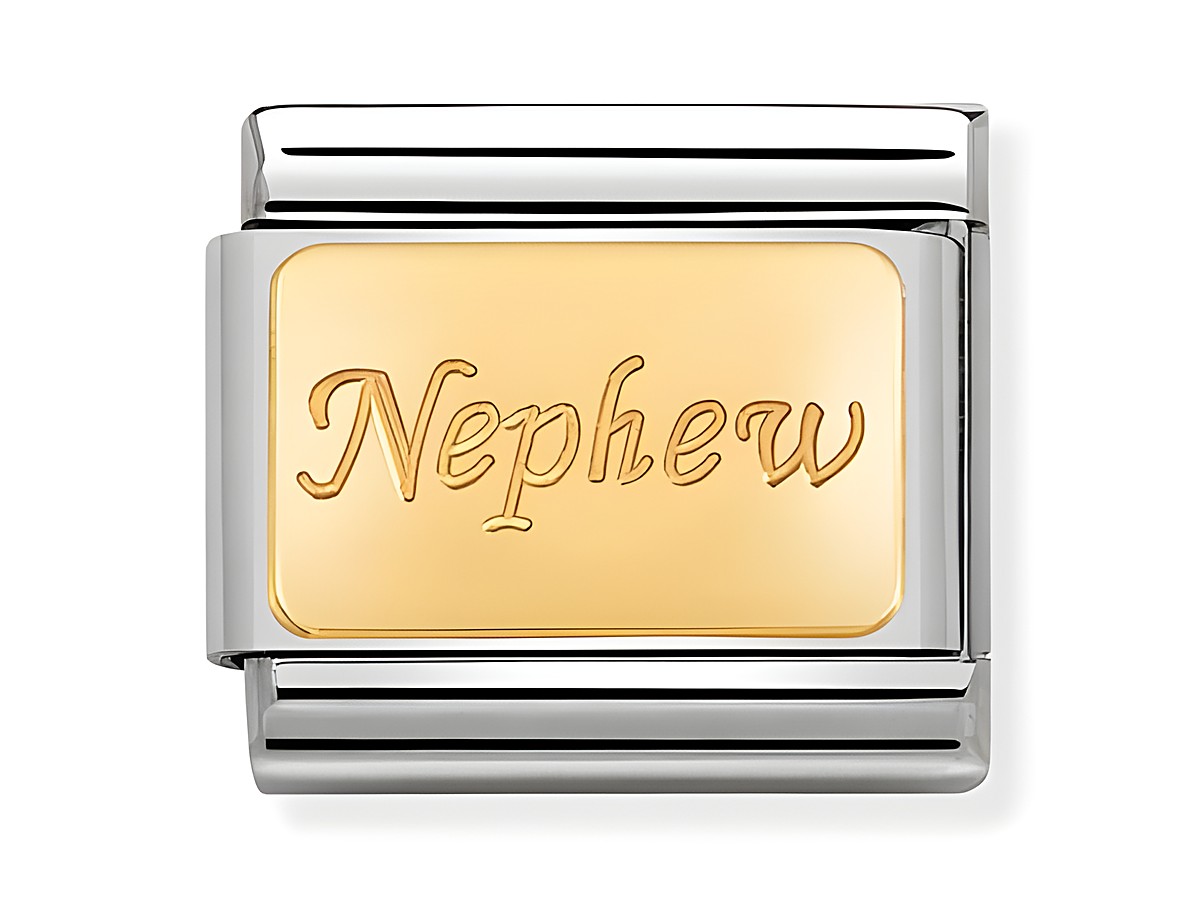 Engraved sign mit der Aufschrift Nephew in Gold auf einem silbernen Träger, Teil des Composable Classic Sortiment von Nomination, für Neffen geeignet.
