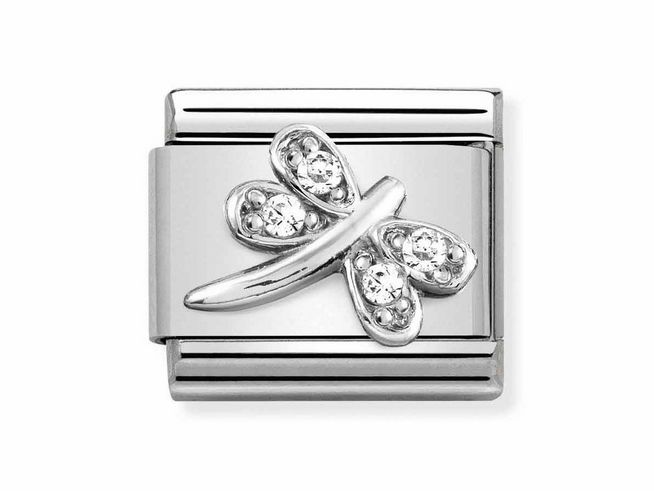Ein silberner Charm mit einer Libelle aus Classic Sterling Silber und weißen Zirkonia, elegant gestaltet für personalisierte Schmuckstücke von Nomination.