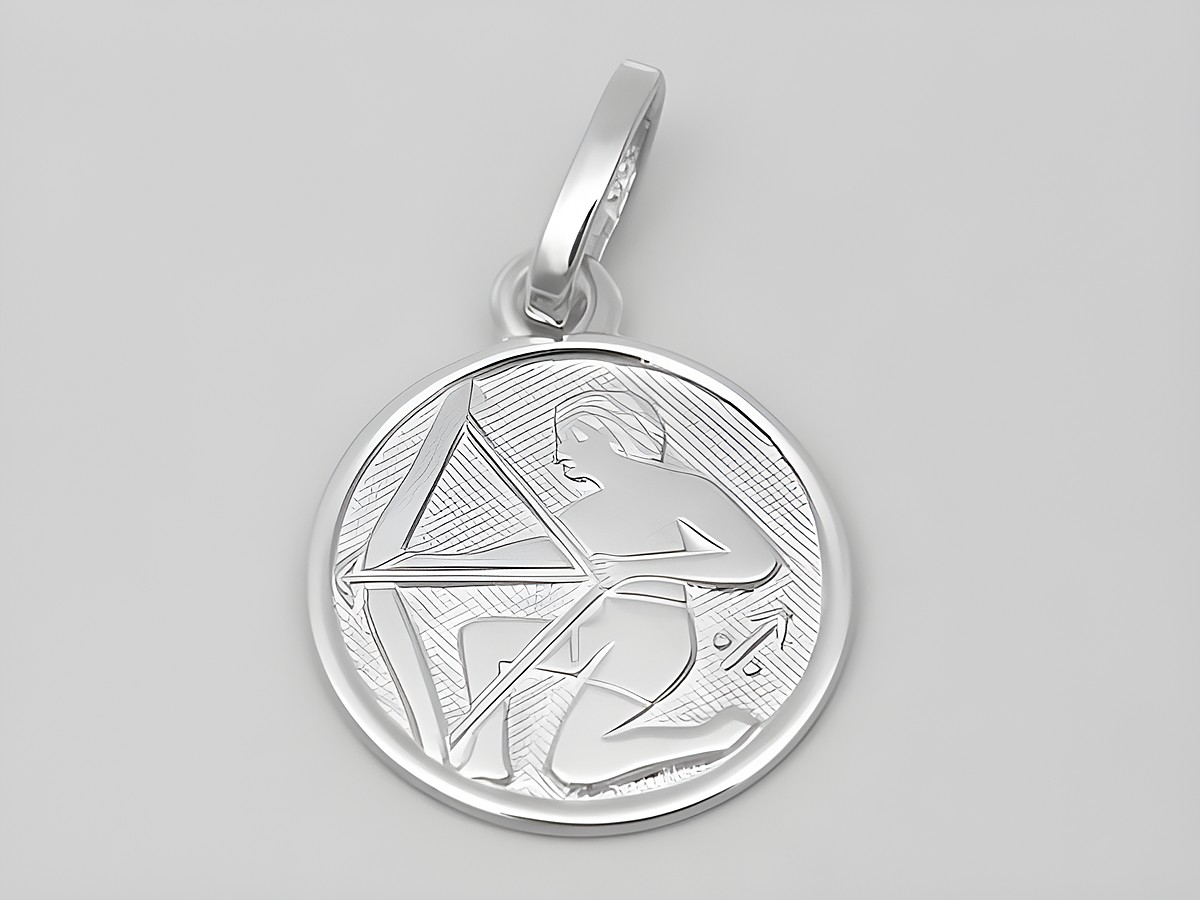 Schütze - Sterling Silber rhodiniert Anhänger mit poliertem Oberflächenfinish, zeigt das Sternzeichen Schütze in einer detailreichen Darstellung, Durchmesser 14 mm, Hersteller Juwelier Harnisch.