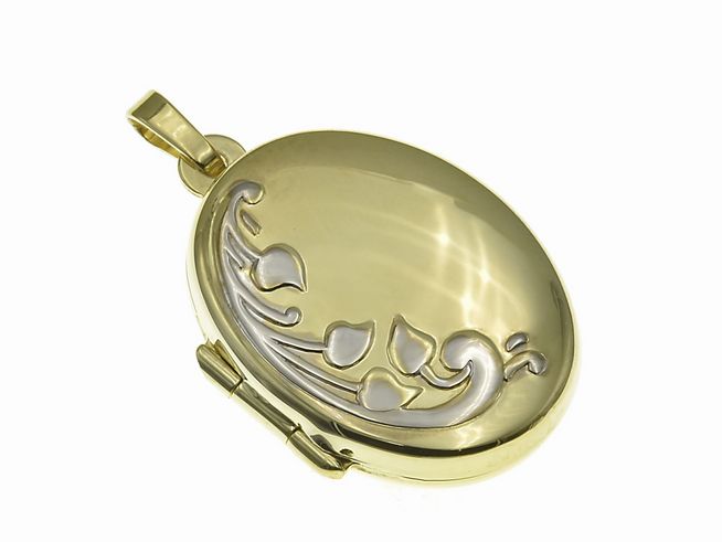 Gold Medaillon oval bicolor mit Blumenmuster aus Gold 375, Hersteller Juwelier Harnisch, ein elegantes Schmuckstück für besondere Anlässe.