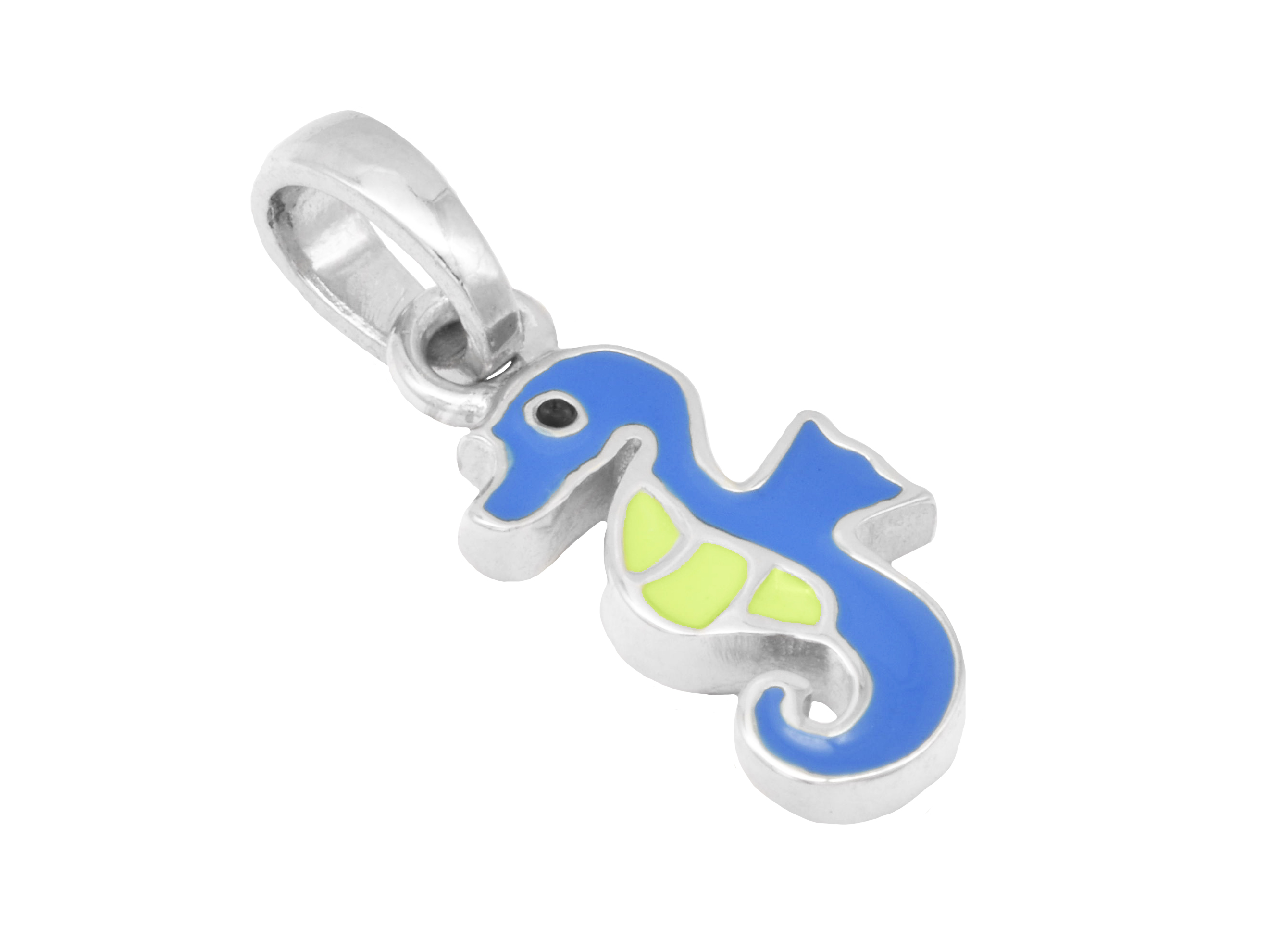 Seepferdchen Anhänger aus rhodiniertem Sterling Silber, poliert, mit blau-grünem Lack, hergestellt von Juwelier Harnisch, ideal für Kinder.