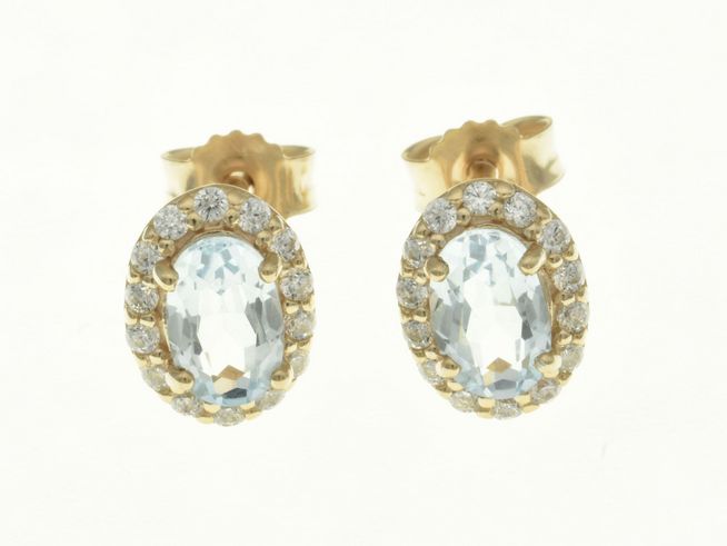 Oval Ohrstecker aus Sterling Silber, rosegold vergoldet mit Blautopas und Zirkonia, hergestellt von Juwelier Harnisch, elegantes Design in hochwertiger Verarbeitung.
