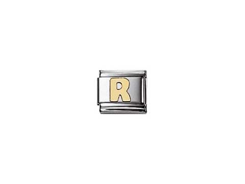 NOMINATION Classic Buchstabe R Element 030101 18 in Gold und Gold Glitzer auf silbernem Hintergrund, ideal für armbänder und persönliche gestaltung.