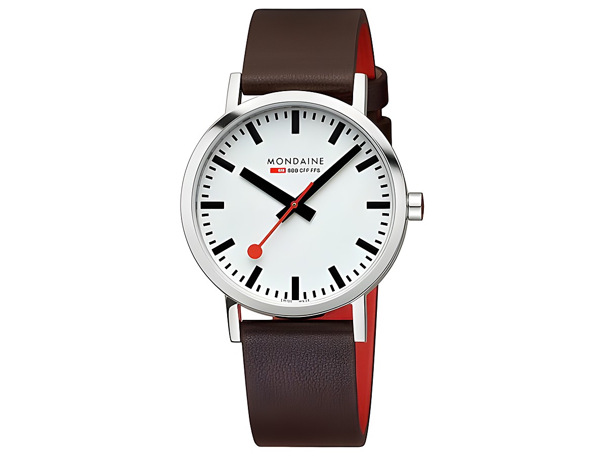 Mondaine Uhr Classic A660.30360.11SBGV mit 40 mm Gehäuse, weißem Ziffernblatt, schwarzem Ziffern, rotem Sekundenzeiger und braunem Lederarmband.