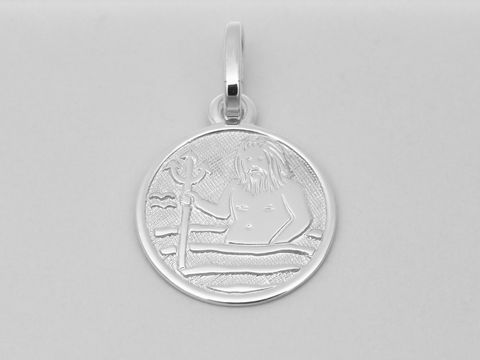Wassermann Anhänger aus poliertem Weißgold 585 mit einem Durchmesser von 14 mm, zeigt das Wassermann-Symbol mit einer stylisierten Figur und einem Dreizack in einem runden Design.
