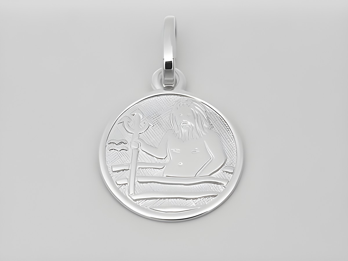 Wassermann Anhänger aus poliertem Weißgold 585 mit einem Durchmesser von 14 mm, zeigt das Wassermann-Symbol mit einer stylisierten Figur und einem Dreizack in einem runden Design.