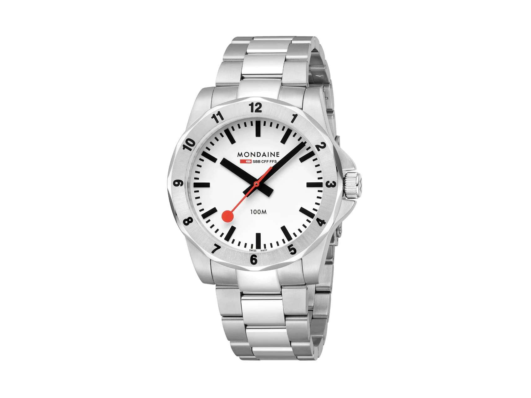 Mondaine Uhr MSN 4211B.SK mit einem 42 mm Gehäuse, Silberarmband und einem weißen Zifferblatt mit schwarzen Ziffern und rotem Sekundenzeiger, perfekt für den modernen Stil.
