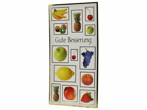 Eine Genesungskarte von Juwelier Harnisch mit verschiedenen Früchten, darunter Bananen, Äpfel, Ananas, Trauben, Zitrone und Pfirsich, mit dem Text Gute Besserung.