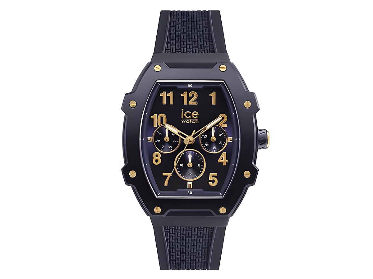 Ice Watch Uhr 023314 ICE boliday men in dunkelblau mit goldenen Akzenten, ovalem Gehäuse, schwarzen Zifferblatt und rutschfestem Armband, ideal für einen modernen Look.