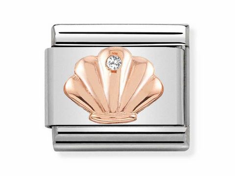 Schmuckstück von Nomination Classic in Roségold mit Muschel-Design und Zirkonia. Elegante Kombination aus Edelstahl und rosé vergoldetem Element. Ideal für individuelle Armbänder.