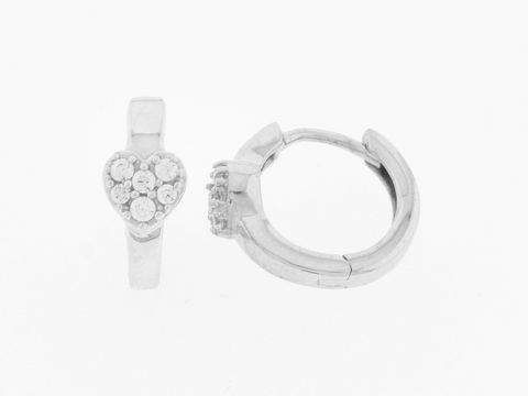 Silberne Creolen in Herzform, rhodiniert und mit klaren Zirkonia besetzt, romantisch gestaltet, Durchmesser 1,2 cm, ideal für Kinder, Hersteller Juwelier Harnisch.