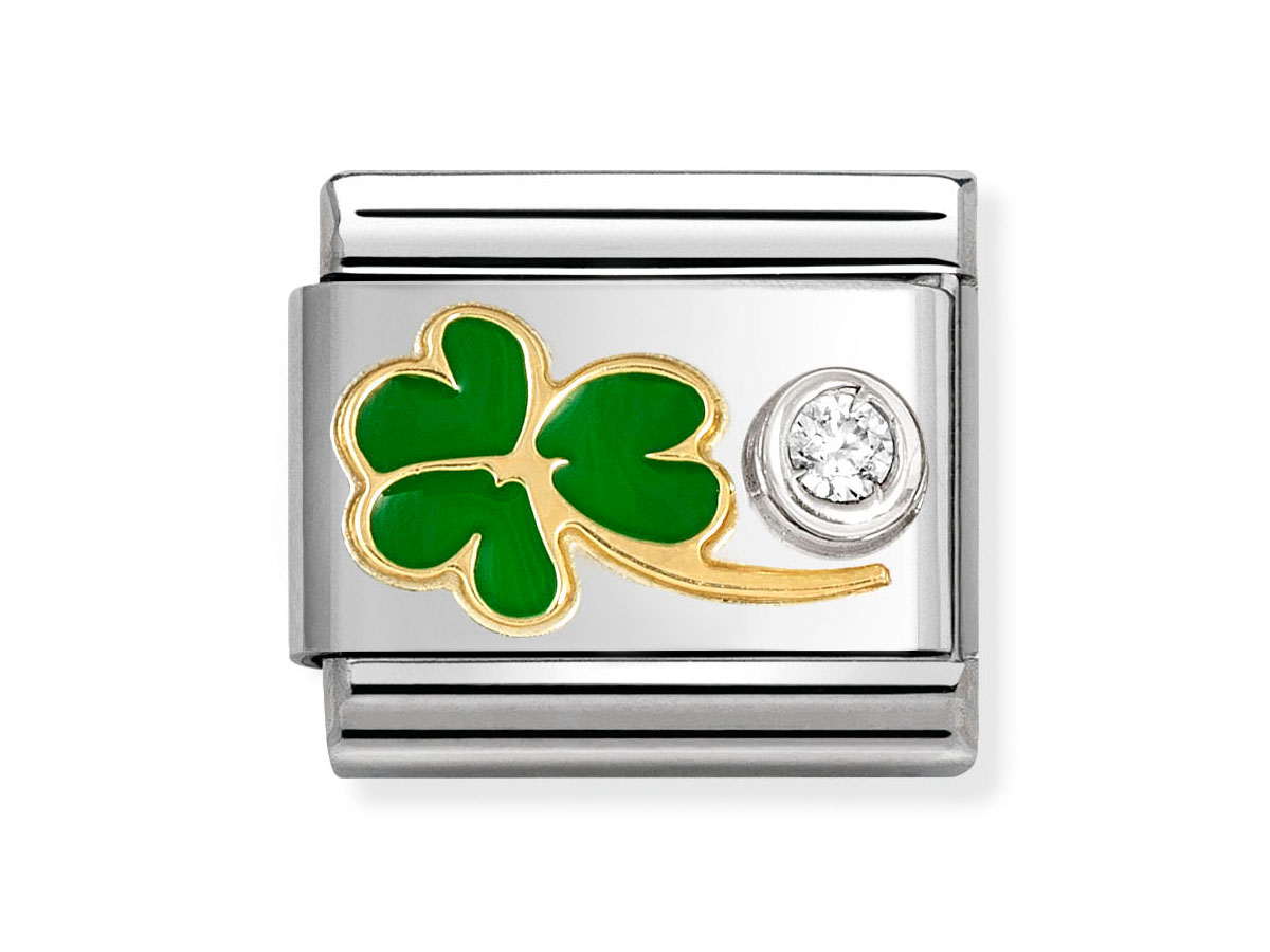 Gelbgoldenes Klee-Motiv mit grüner Emaille und einem Zirkonia in einer hochwertigen Sterling Silber Fassung von Nomination, Modell 630302, ideal für individuellen Schmuck.