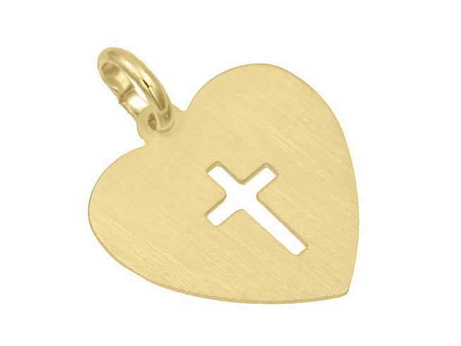 Anhänger Herz mit Kreuz aus Sterling Silber, vergoldet in mattem Gelbgold, schlichtes Design, Hersteller Juwelier Harnisch. Ideal als dekoratives Schmuckstück oder Geschenk.