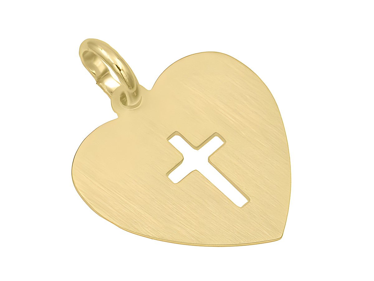 Anhänger Herz mit Kreuz aus Sterling Silber, vergoldet in mattem Gelbgold, schlichtes Design, Hersteller Juwelier Harnisch. Ideal als dekoratives Schmuckstück oder Geschenk.
